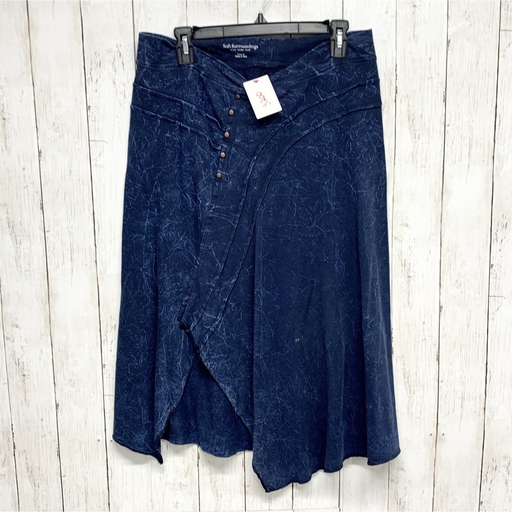 Soft Surroundings Skirt Women Petite Medium Navy Blue Acid Washed Knit Midi Boho